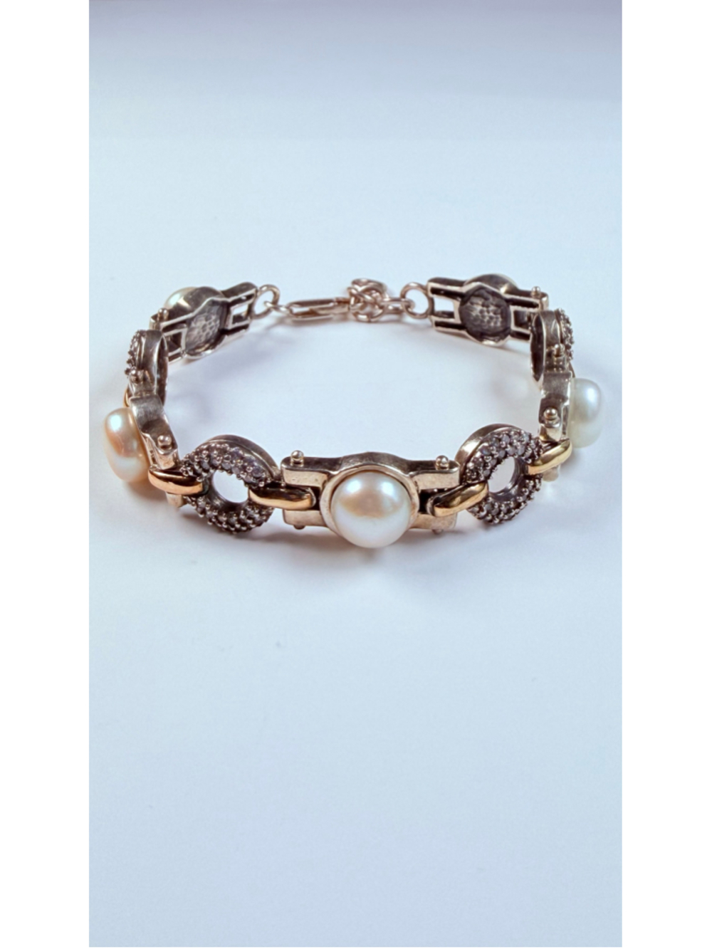 Gancini Pearl & Cubic Zirconia CZ Sterling Silver Gold Vermeil Panel Bracelet